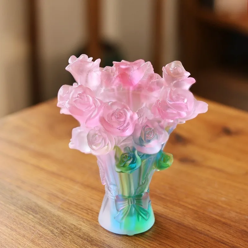 Handmade 3D Rose Crystal Glass Vase Small,Luxury Art Flower Vase Home Office Table Decor,Multiuse Incense Burner Cosmetic Holder