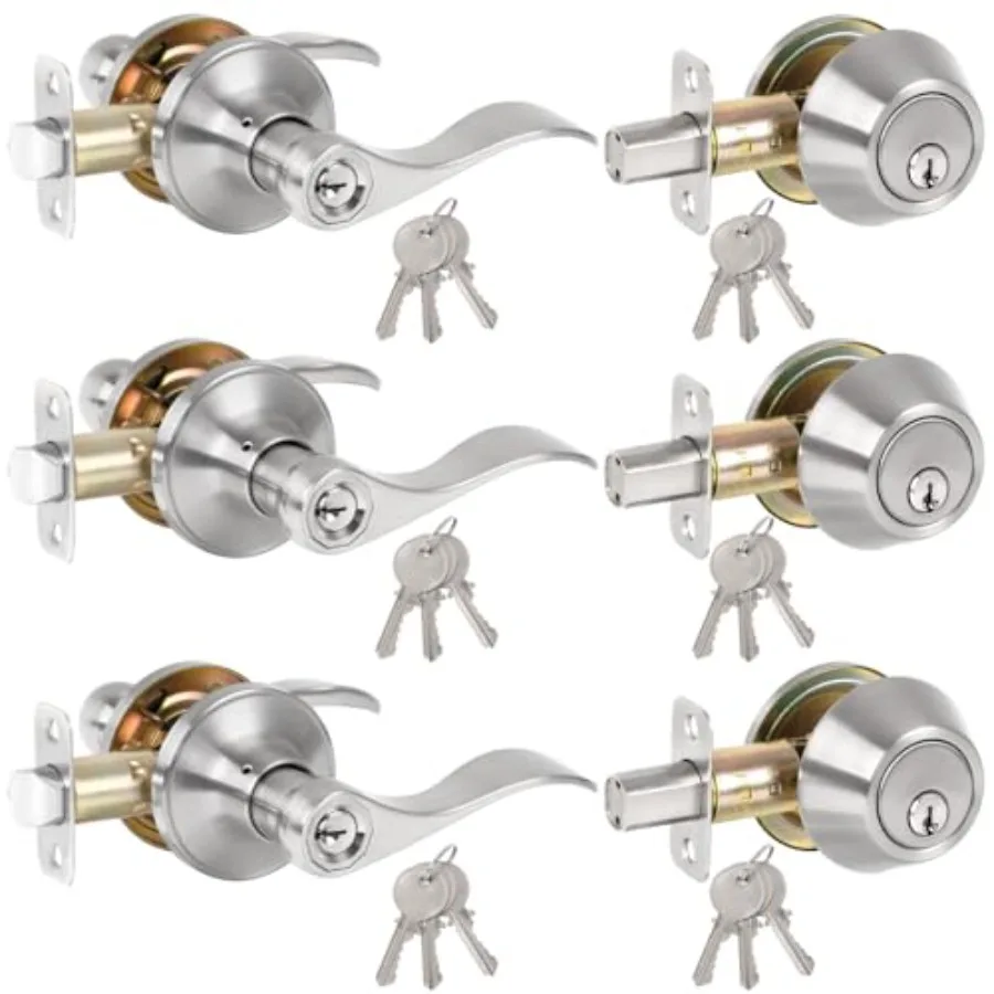 

Keyed Alike Front Door Lever Lockset with Single Cylinder Deadbolt Combo Set, Front Door Lockset with Wave Style Lever, Front D