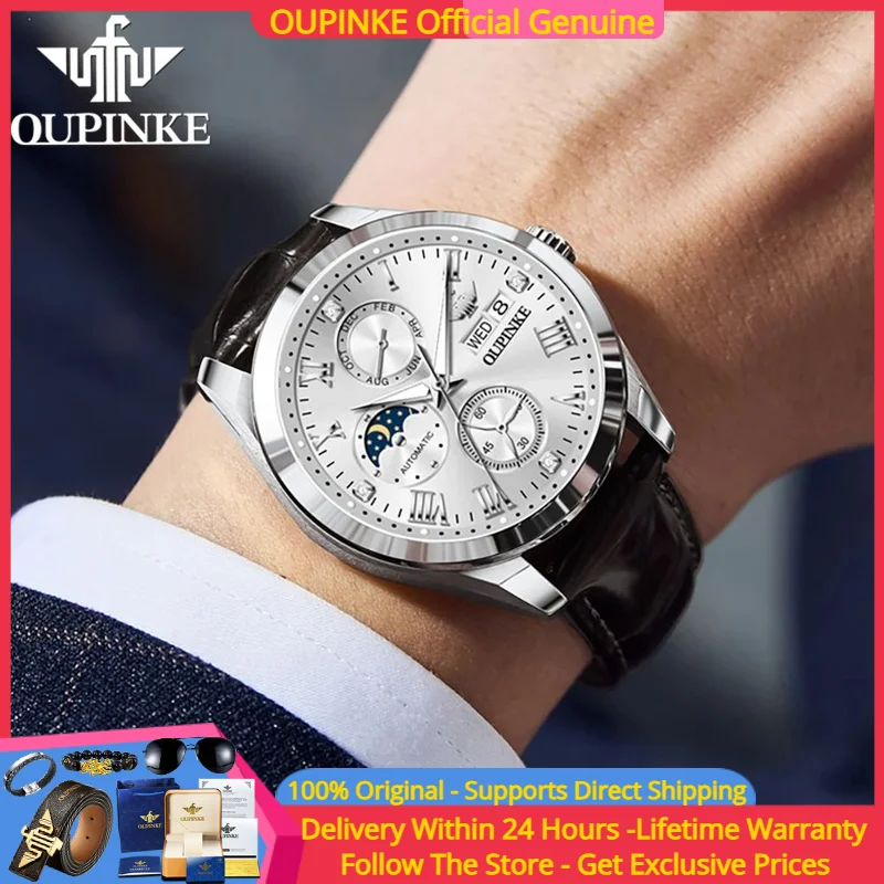 

OUPINKE 3300 Authentic Men Watch Luxury Automatic Mechanical Watch Advanced Leather Waterproof Chronograph Moon Phase Men Watch