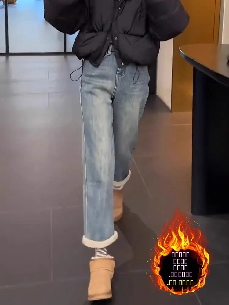 

Джинсы Thiened Fce с высокой талией, женские, осенне-зимние, новые, больших размеров, прямые, стройнящие, для полных женщин