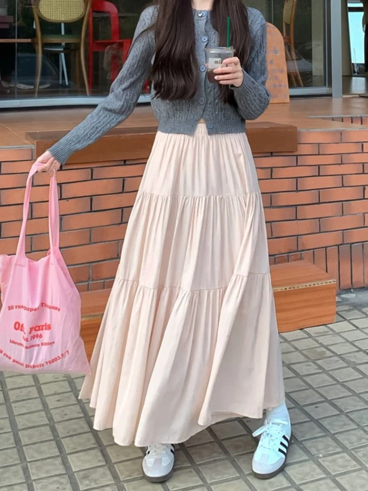 

Maxi Skirts Women Sweet Preppy Style Summer Streetwear Solid Cute Soft Lady Harajuku Empire Aesthetic Dating Pleated Faldas Y2k