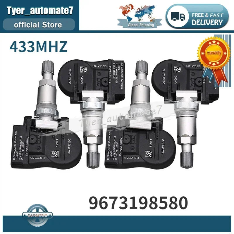 433 MHz 4 szt. System monitorowania czujnika ciśnienia w oponach TPMS 9673198580   Do Citroen C4 C5 C6 C8 Peugeot 207 307 407 508 607 807 1007