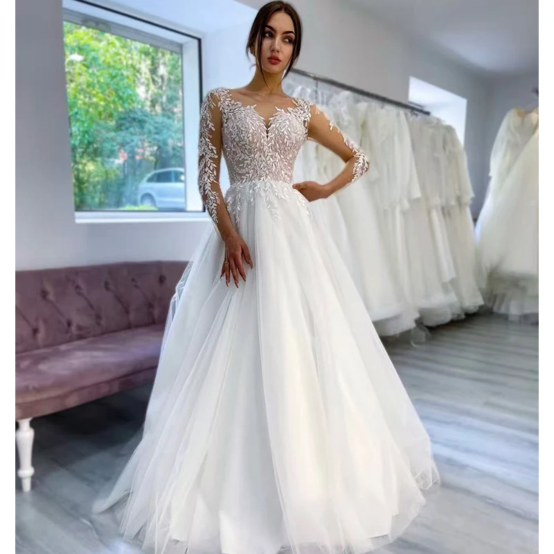 

Simplicity Wedding Dress Organza With Embroidery A-Line Floor Length Ballgown O-Neck Full Sleeve Customized Bride Robe De Mariee
