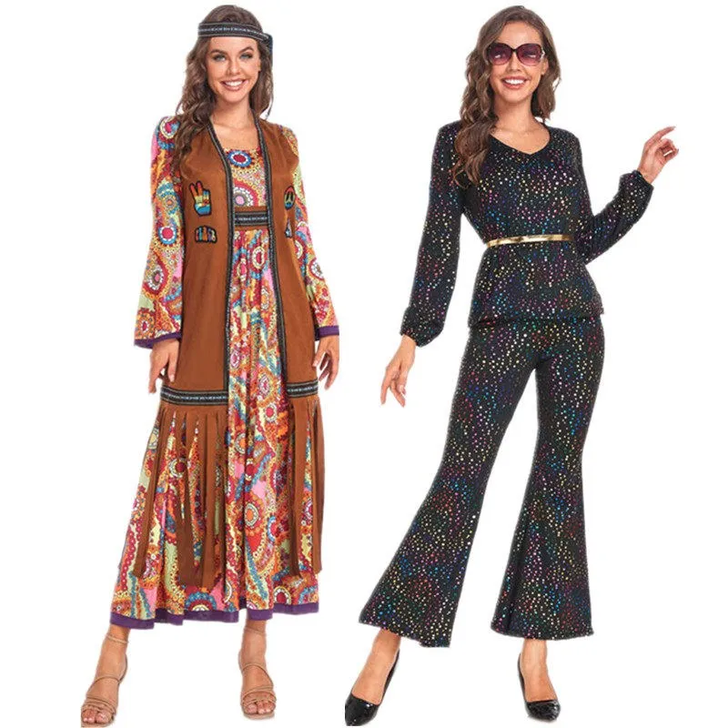 

Adult Hippie Costume Disco Singer Performance Outfit Halloween Women's Clothing Retro Hippie Outfit Stage Performance Dress