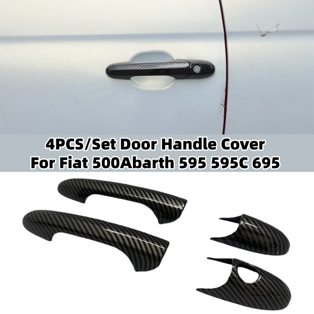 4PCS / Set Glossy Black / Carbon Fiber Look Door Handle Cover For Fiat 500 2008-2023 Abarth 595 595C 2012-2023 695 2010-2023