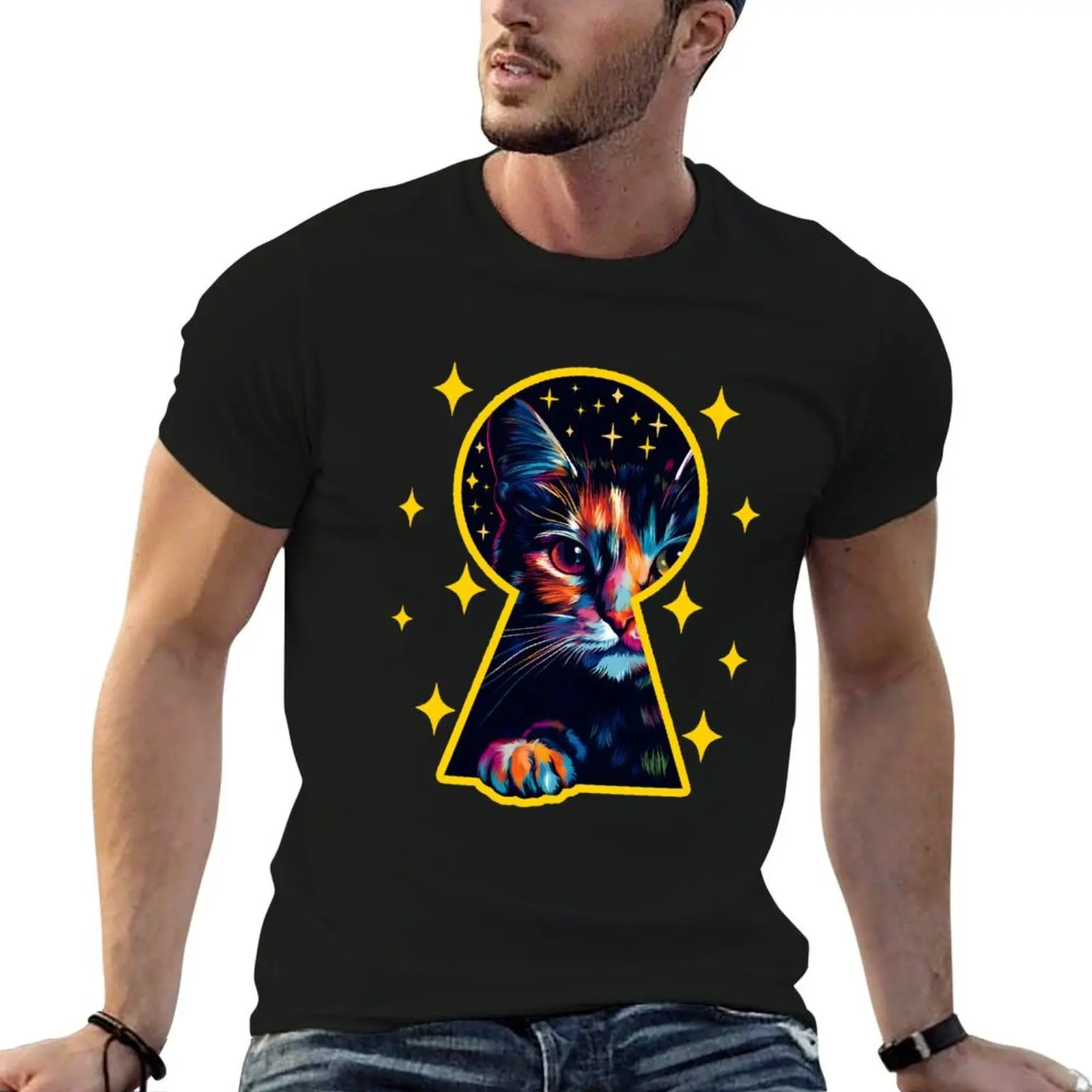 

Cat in a keyhole T-Shirt t shirt man cotton man t shirts high quality luxury brand t shirt man luxury T-shirt
