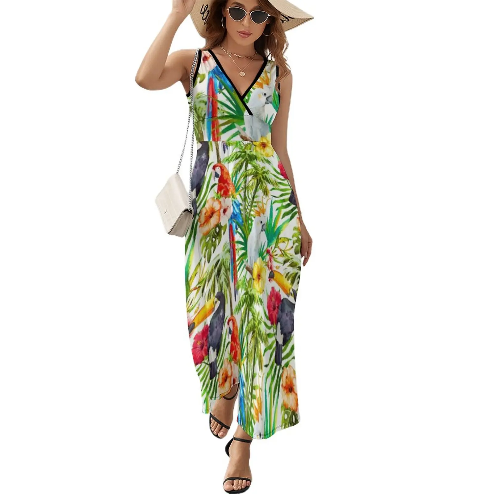 

Платье без рукавов с тропическим попугаем, роскошное женское летнее платье без рукавов из Какаду и тукана