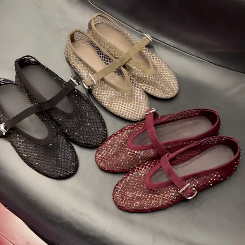 Random Free Gift  Women's Sandals 2026 New Model Fishnet Rhinestone Ballet Flat Women's Shoes with Hollowed-Out Strap Shoes