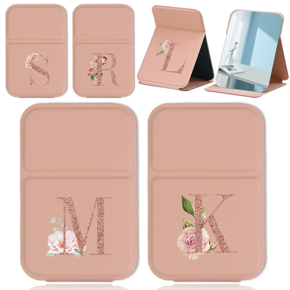 

Fold Desktop Makeup Mirror Handheld PU Travel Makeup Mirror Portable Leather Anti Slip Pocket Mirror Rose Gold Letter Pattern