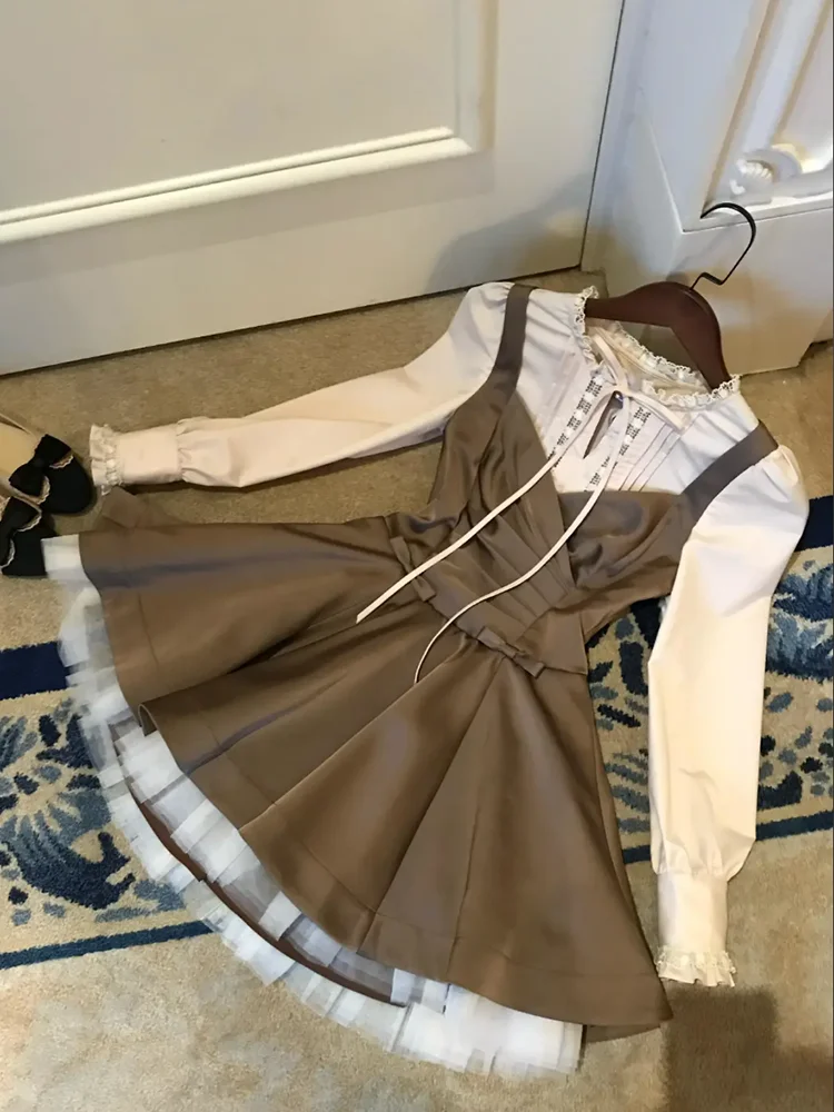 Retro Patchwork Satin Long Sve Dr Women's Autumn Court Sle Waist Cinching Slimming Princ ort Skirt Dr