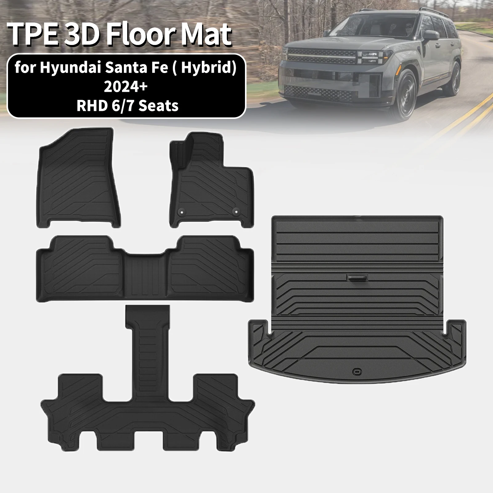 

for Hyundai Santa Fe Hybrid RHD 2026 2025 6 & 7 Seats Eco-Friendly TPE Car Floor & Trunk Mats, Non-Slip Dustproof