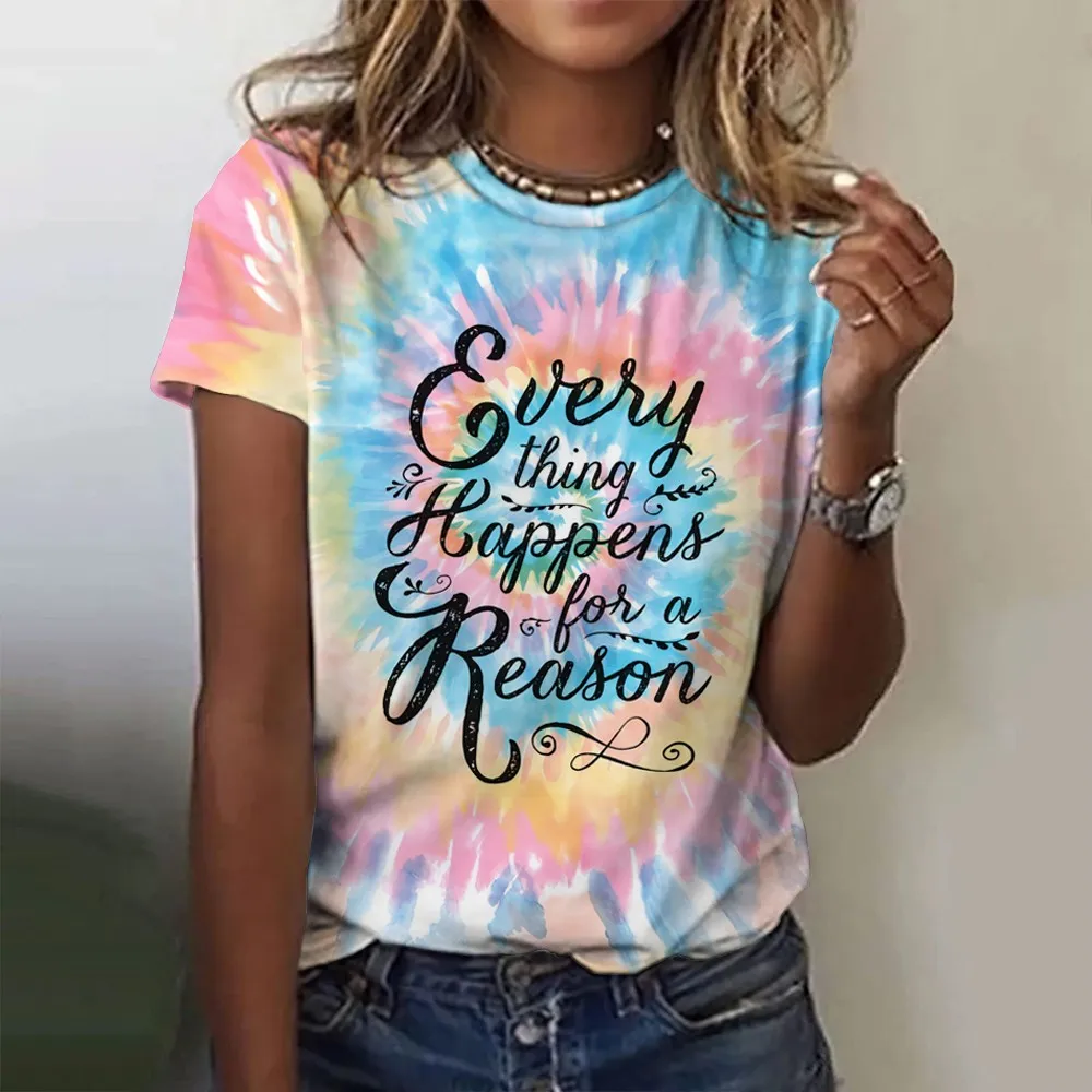 Summer Gradient Letter 3D Print T-shirts Women Streetwear Casual Fashion Y2k Short Sleeve T Shirt O-neck Tees Tops Clothing