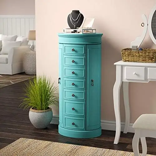 Oval Standing Jewelry Armoire Cabinet Jewelry Storage Organizer with Mirror Lid 2 Side Doors 7 Drawers Jewelry Chest Turquoise