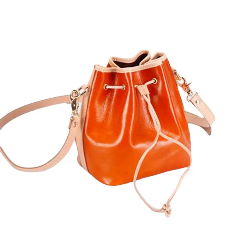 

Vintage Vegetable-tanned Leather Cross-body Women's Bag Fashion Top Layer Cow Leather Shoulder Bag Tree Cream Leather Bucket Bag