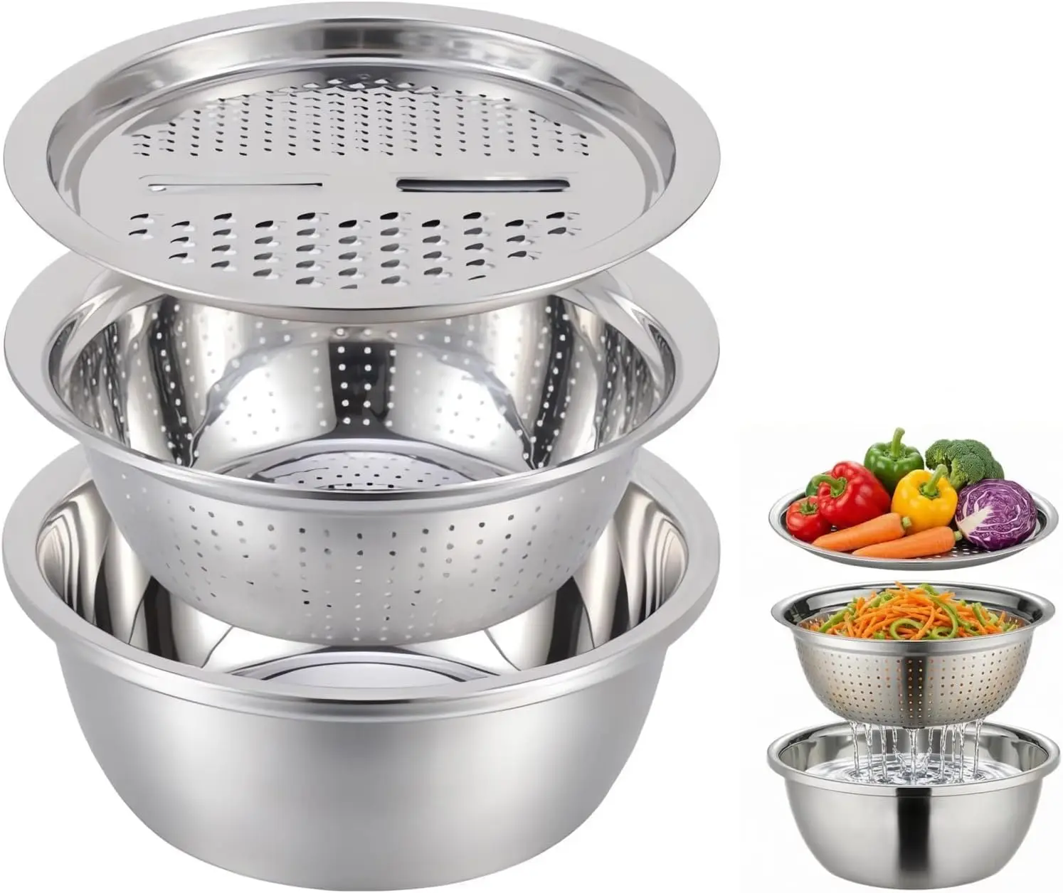 Multifunctional Stainless Steel Basin with Grater, Vegetable Slicer, Strainer and Drain Basket – 3-Piece Kitchen Set for Slicing, Grating, Straining and Draining