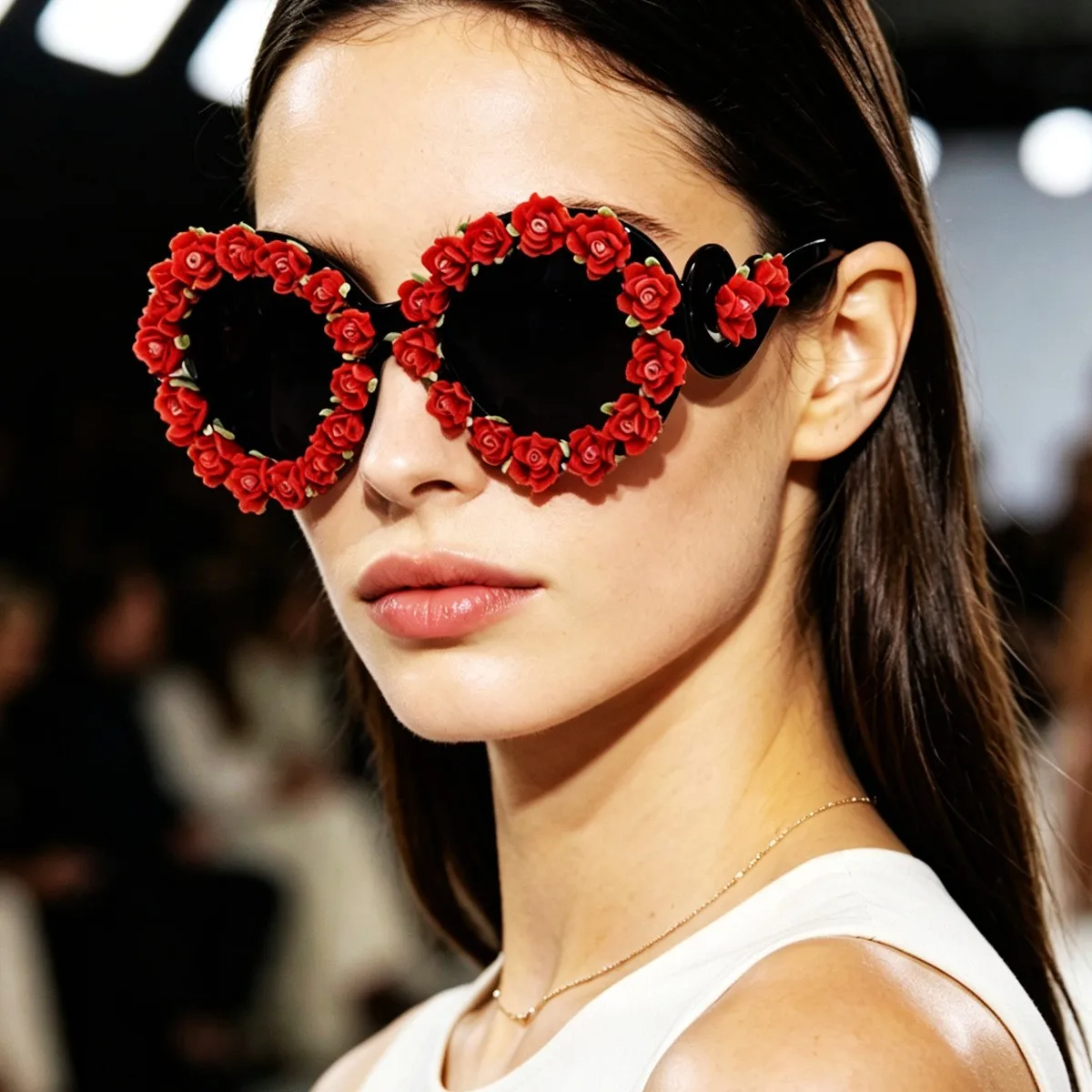 

Vintage Sweet Cool Floral Round Sunglasses for Women Handmade 3D Red Rose Decor Unique Temple Trendy Beach Vacation Eyewear