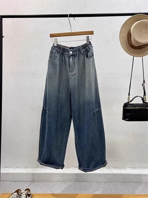 

Large Size Men's Jeans adual Waed Denim Elastic Waist Pleated Straight Leg Summer Wear Resistant Trousers Casual Sle