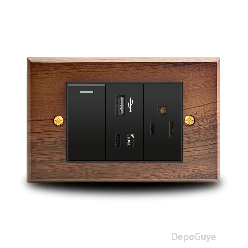 118 Type American Solid Wood Retro Wall Switch Socket Mexico Thai Wall Dual USb Type C Power Outlet Vintage Light Switch Panel image 5