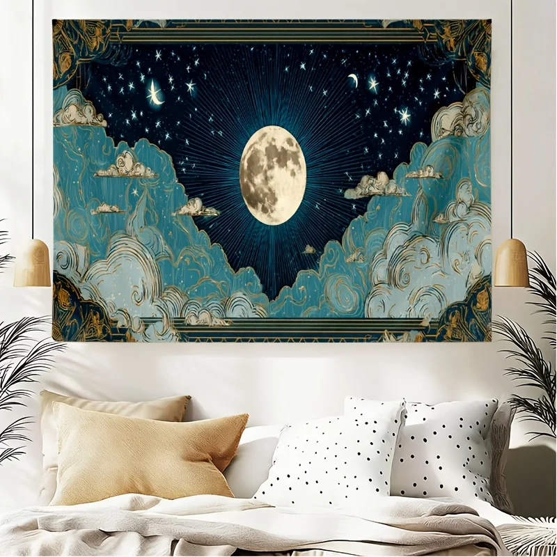 Celestial Moon Tapestry Wall Hanging Boho Style Starry Night Cosmic Space Decor Art Print Polyester Luxury Bedroom Nursery Ornam
