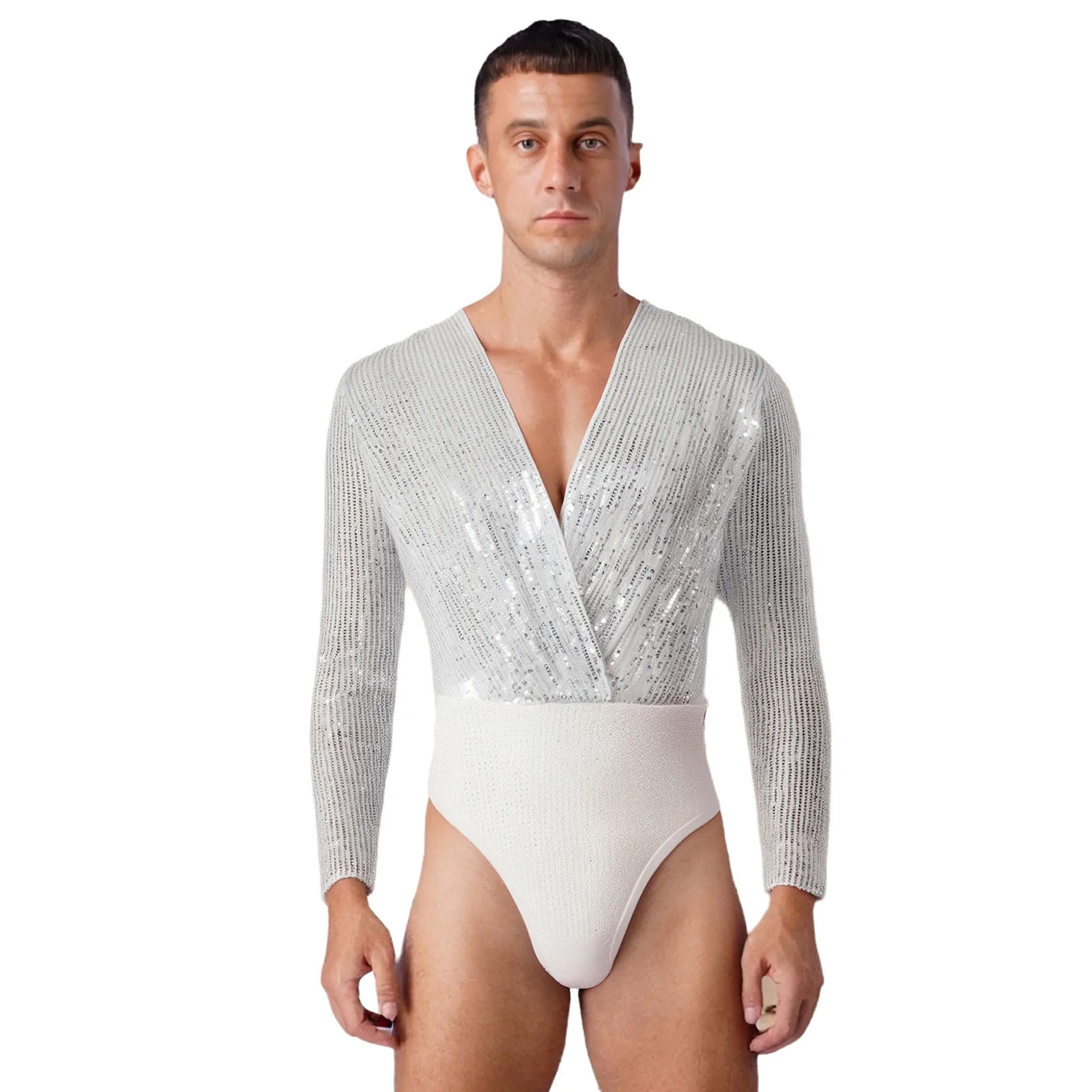 

Professional Mens Ballet Leotard High Shine Sequin Design Wrap Front Deep V Neck Long Sleeve Bodysuit Theater Jazz Dancewear