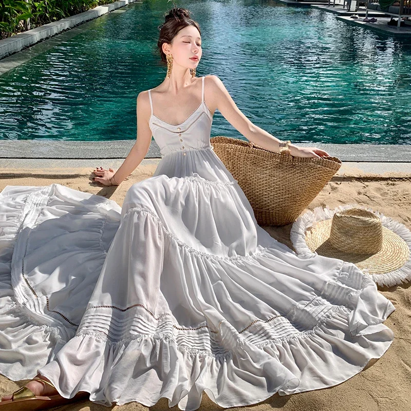 

New Fashion Vacation Style Sexy Spaghetti Strap White Dress Women's V-Neck High Waist Lace Hollow Out Bohemian Long Dress