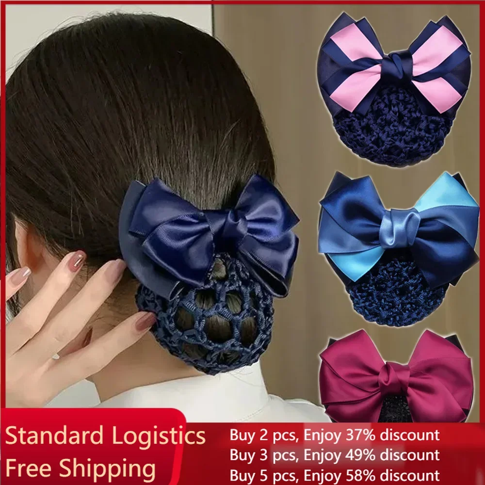 Classic Bowknot Snood Net With Barrette Hair Pins French Style Non-Slip Lace Bun Cover Work Hairnet Clips For Office Women Lady