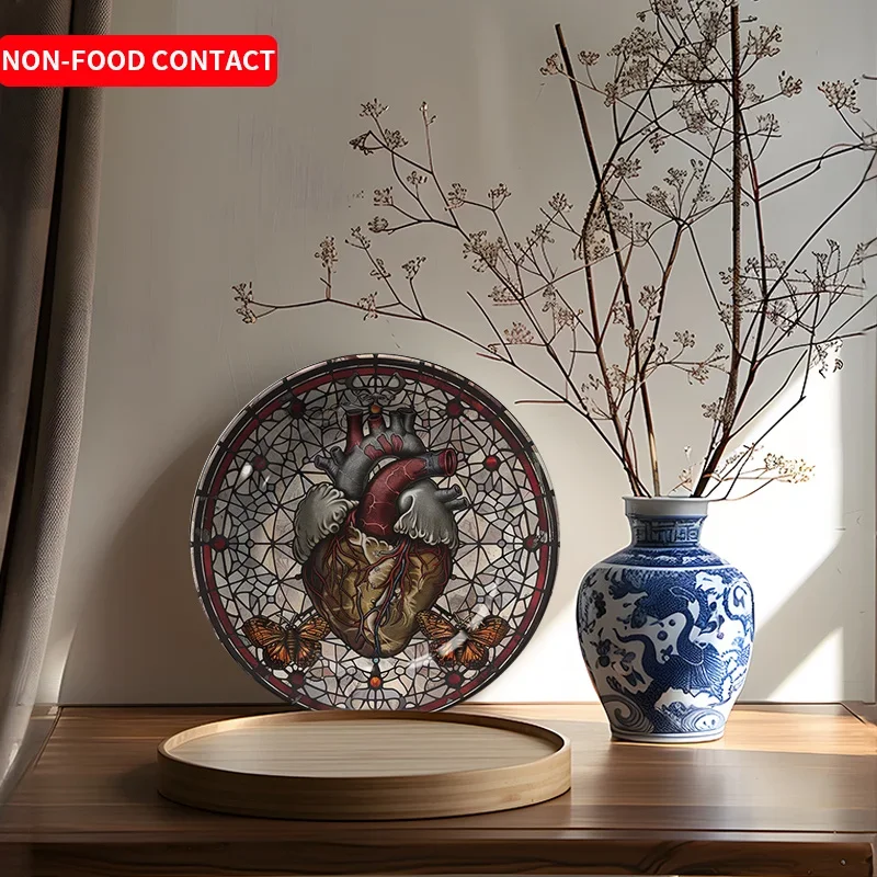 1pc Elegant Stained Glass-Style Ceramic Plate with Heart & Butterfly - Round Non-Plate (Non-Food Contact) Decorative