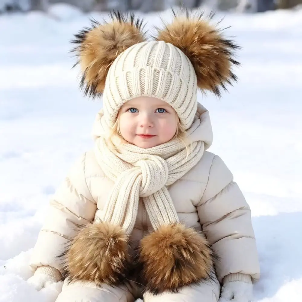 striped-knitted-kids-hat-scarf-set-double-raccoon-fur-pom-pom-thermal-beanie-for-danchaofan-winter-outdoor-headwear