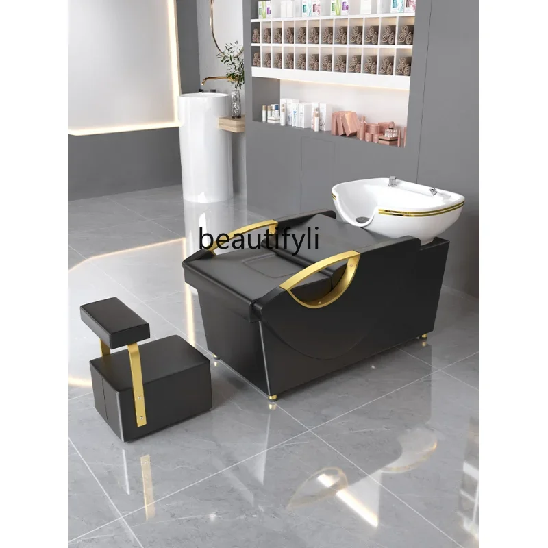 

new Customized for Hair Salon Flush Shampoo Chair Hair Salon Lying Half Shampoo Chair Gold High-End Stainless