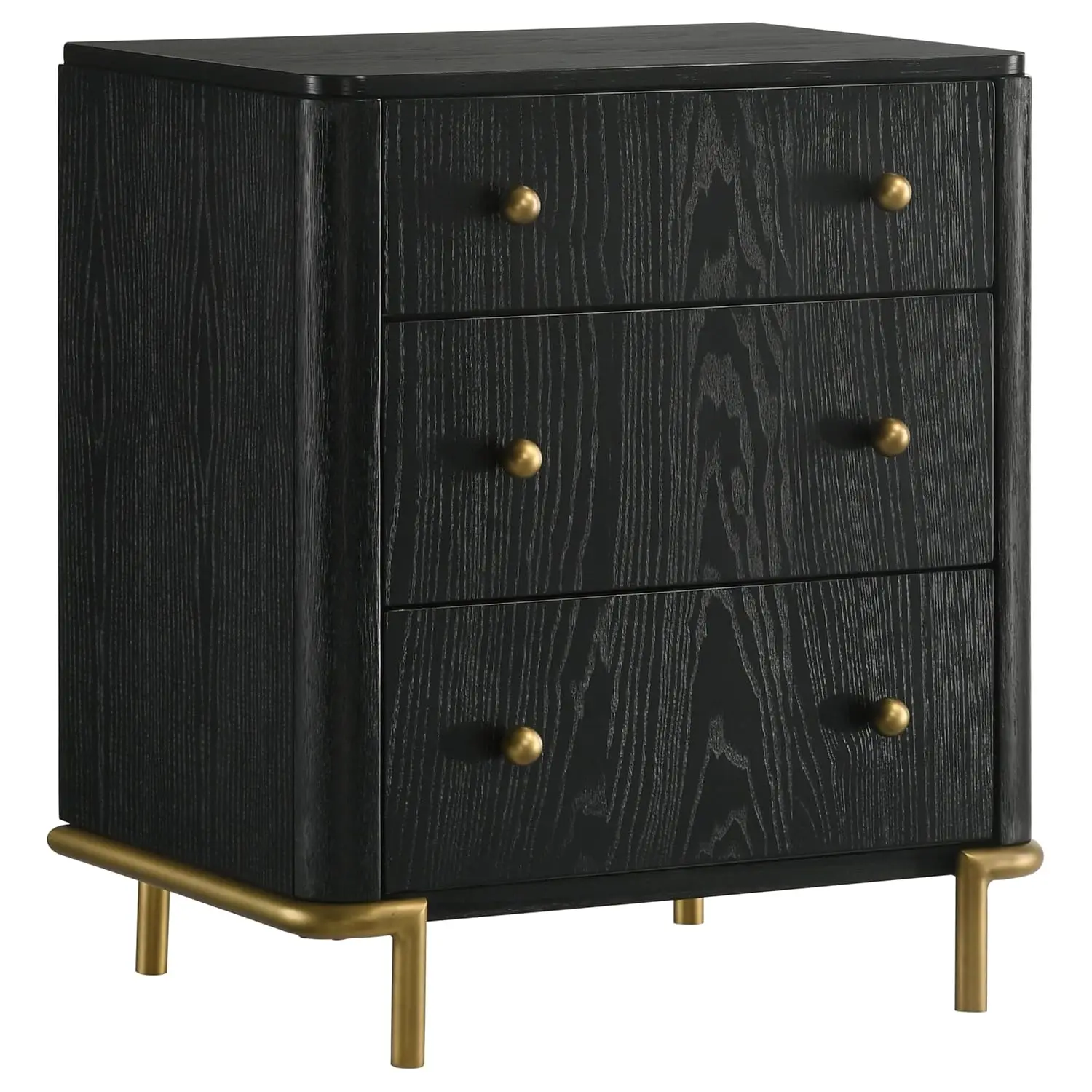 Wood 3-Drawer Nightstand With Dual USB Ports Felt-Lined Drawer Aged Brass Knobs Metal Base Bedroom Black, Customized