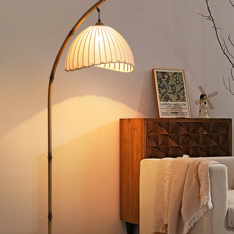 lampada de assoalho de bambu japones luz rural retro handmade tecido pole lamp stand decoracao atmosfera sala quarto e homestay 01