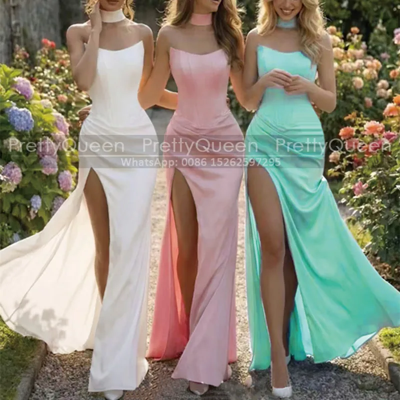 

Customized Long Bridesmaid Dresses Mermaid Side Split Strapless Sheath Wedding Party Dress For Women