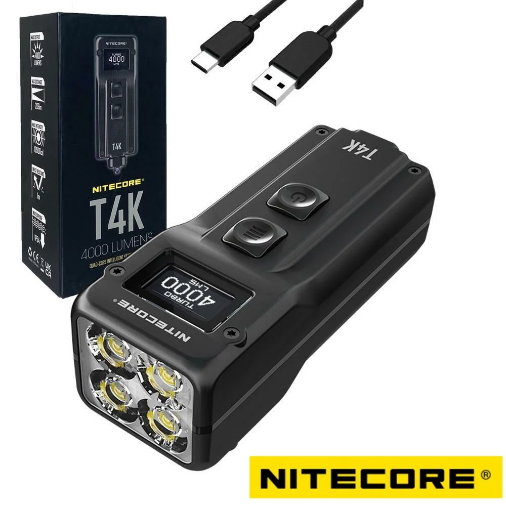 Nitecore senter LED T4K, Gantungan Kunci portabel 4000 Lumens, Senter EDC Quad-Core, lampu USB tipe-c dapat diisi ulang baterai bawaan