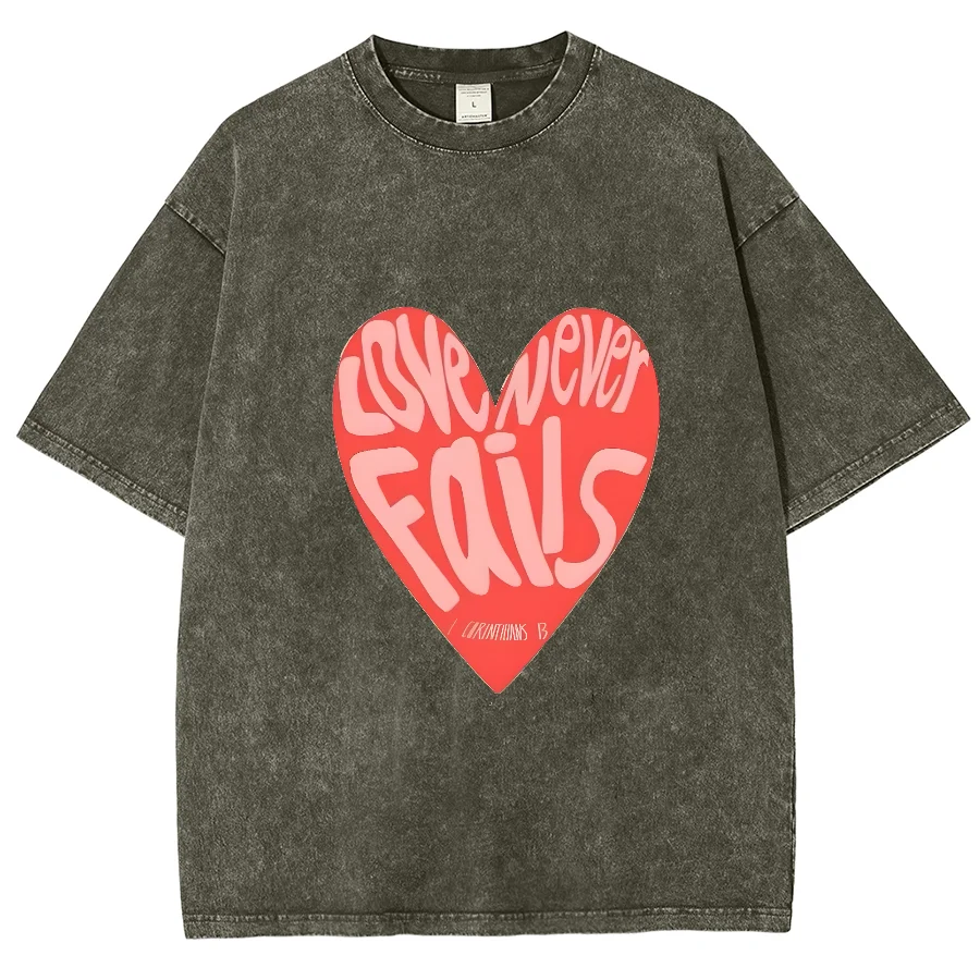Love Never Fails Y2K Washed Short Sleeve TShirt, Cartoon Creative Printed Unisex Vintage Streetwear New Fashion Casual Plus-Size