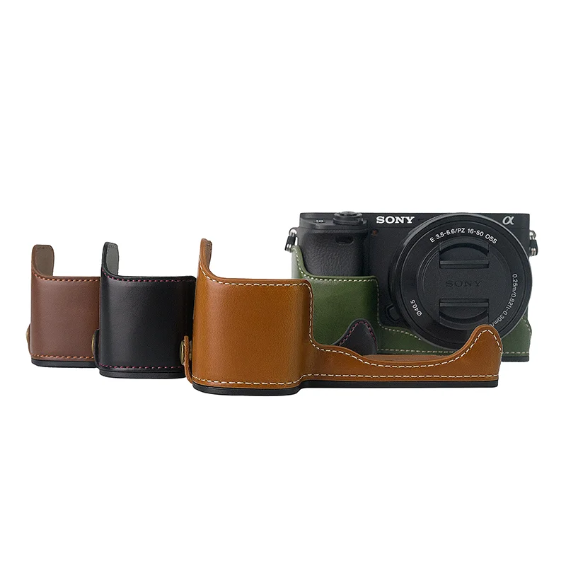 PU Leather Case Camera Bag Half Body Base Protector for Sony A6400 A6300 A6100 Protective Opening Bottom Cover with Wrist Strap