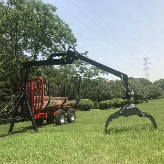 Small Tractor Mounted Forestry Log Trailer, Hydraulic Log Crane Equipped Heavy Duty Timber Transport Machinery