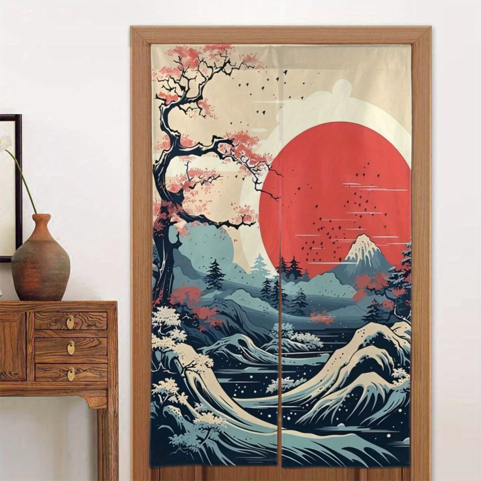 1pc Japanese style Mount Fuji wave pattern door curtain polyester fabric machine washable, suitable for restaurants and kitchens