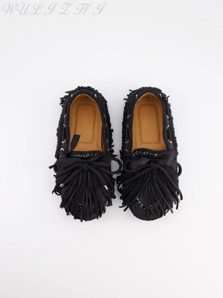 

Women's Comfortable Black Flats Butterfly Knot Fringe Designer Concise Loafers Slip On Female Luxury Footwear Autumn Winter