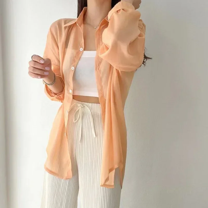 Summer New Chiffon Sun Protection Shirt Women\'s Thin Anti-uv Long Sleeves Beach Cover-up Solid Color Loose Blouse For Ladies