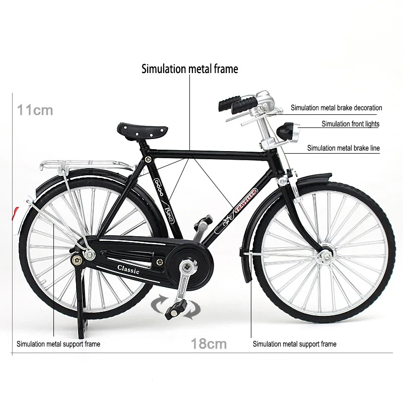 Modelo de bicicleta retro de liga, simulação Metal BikeTire, bicicleta rotativa, ornamento interno, decoração coleção, brinquedo para crianças, presente adulto