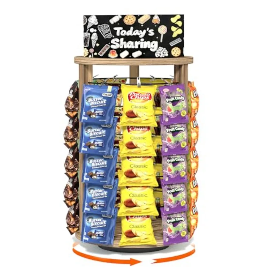 

5 Tier 50 Clips 360°Rotating Snack Organizer Wooden Chip Rack Display Stand - Chip Bag Holder Candy Display with Message Board