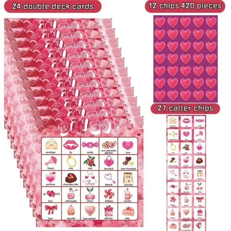 Valentijnsdag Bingo Game Cards 24Players for Kids Party Card Games, School Classroom Games, Family Entertainment Activity P31B