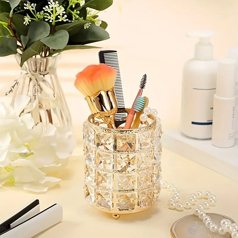 1pc Crystal Makeup Brush Storage Tube, Makeup Brush Bucket, Household Makeup Storage Box For Eyebrow Pencil, Comb, Vanity Decor