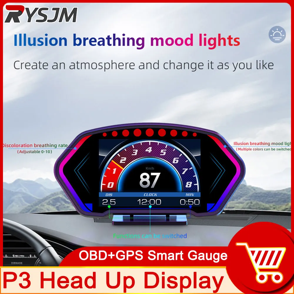 P3 Gauge OBD2+GPS Head-up Display Smart On-board Computer Digital Speedometer Slope Meter Tachometer Water&Oil Temperature Meter