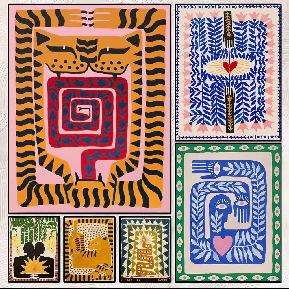 Vintage Altägyptische Tiger- und Leoparden-Leinwanddrucke Poster Retro Abstrakte Tierästhetik Kunstdrucke Schlafzimmer Wandkunst Heimdekoration