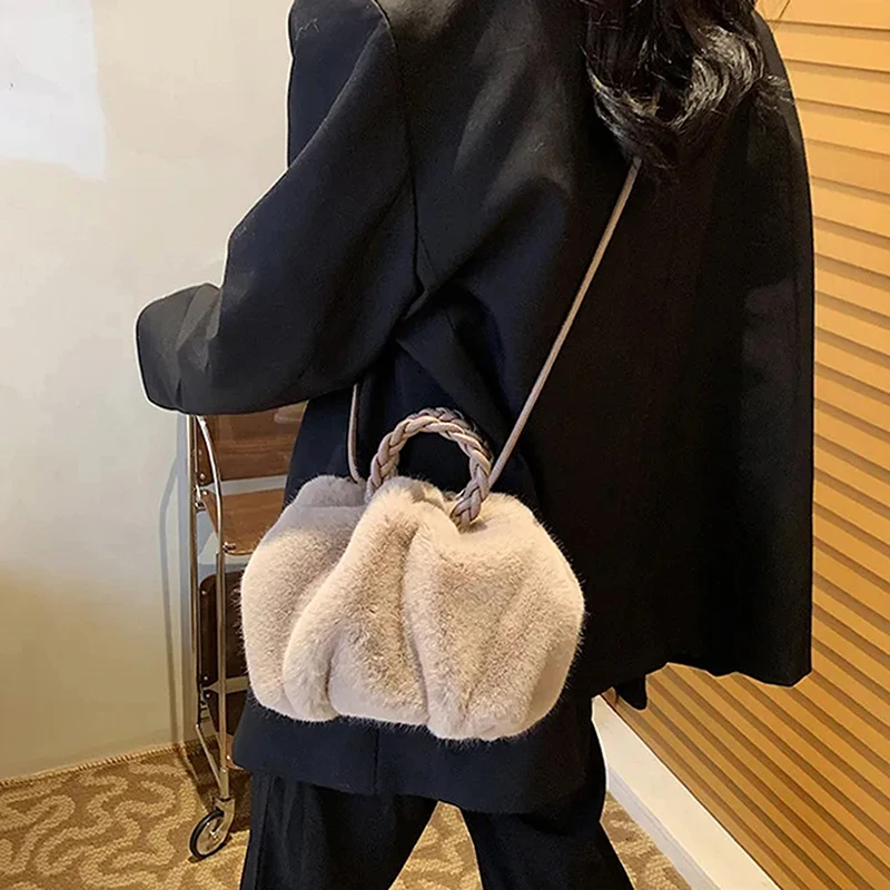 Plush Handbag Autumn Winter Senior Sense Pumpkin Bag Fashion Versatile Cloud Pleated Bag Portable Faux Fur Bag Fluffy Female Bag