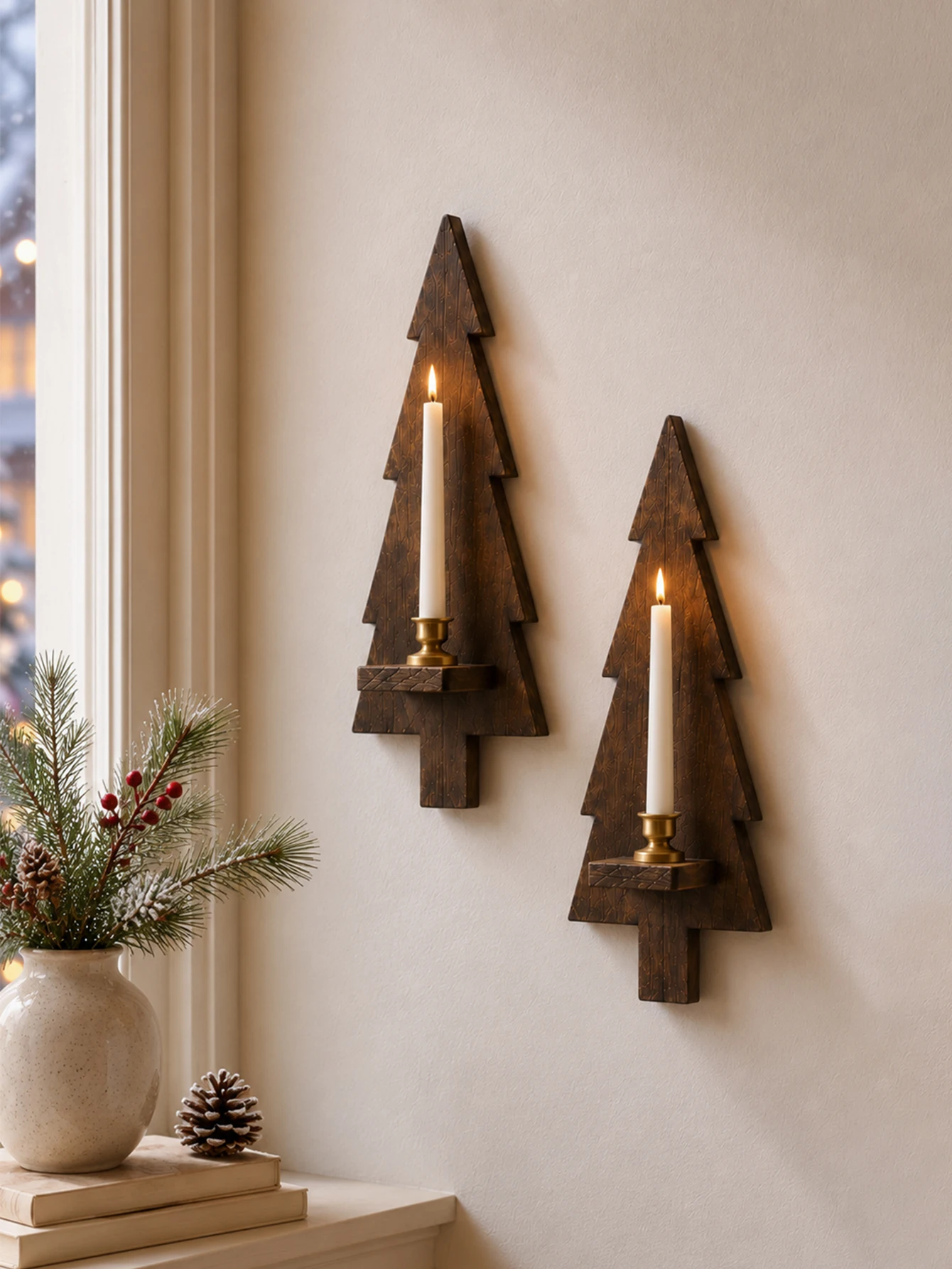 Christmas Wooden Wall Mounted Candle Sconce Tree Deer Bear Shape Candle Holder Rustic Farmhouse Wall Art for Holiday Home Decor