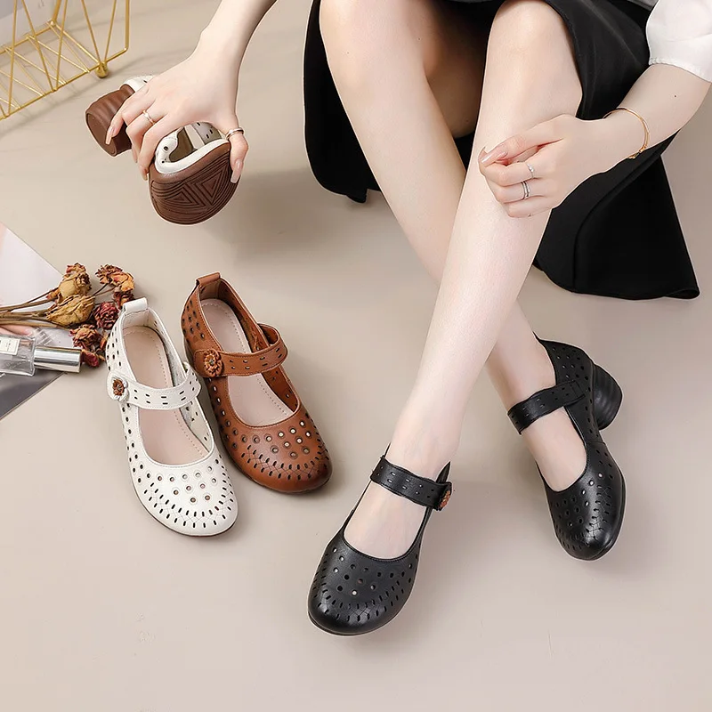 2025 موضة أنيقة جوفاء أحذية من الجلد الطبيعي عالية الكعب الربيع الصيف النساء الصنادل مريحة عدم الانزلاق تنفس