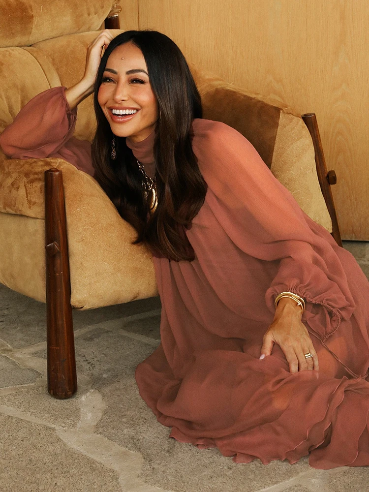 Sukienka maxi z szyfonu w stylu boho VC dla kobiet – sukienka z wysokim dekoltem, długim rękawem, zwiewna, o kroju litery A, vintage, z falbanką na dole, oversize.