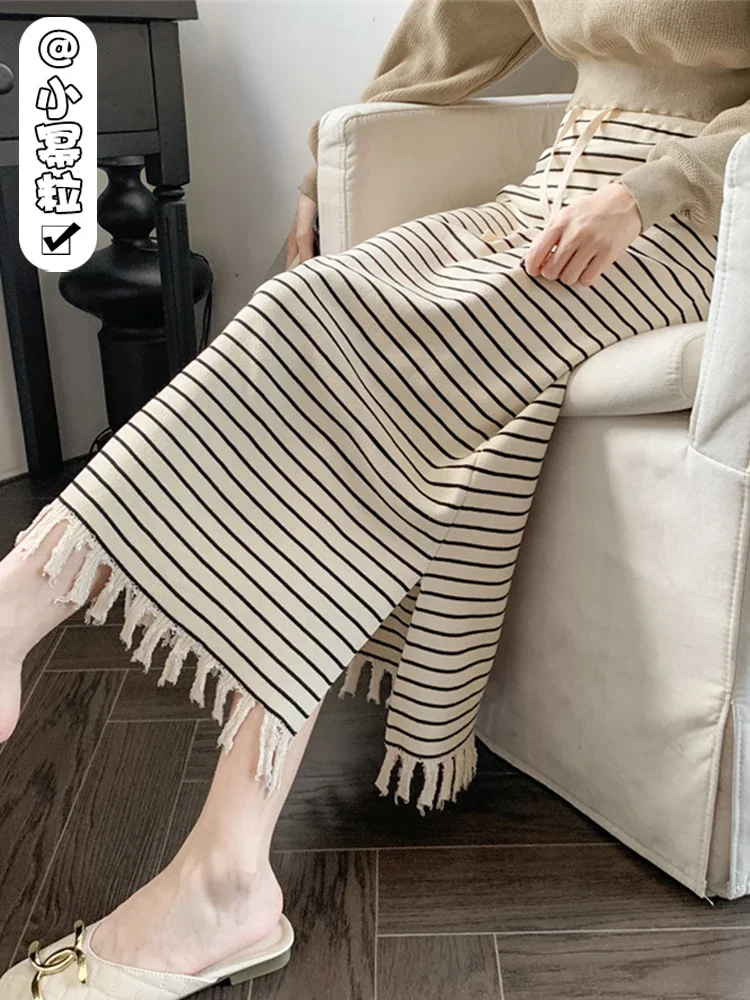 

Women's White striped Knitted Winter Skirt Autumn Winter Long Dress Winter Skirt Woman Skirts Faldas Jupe 2024